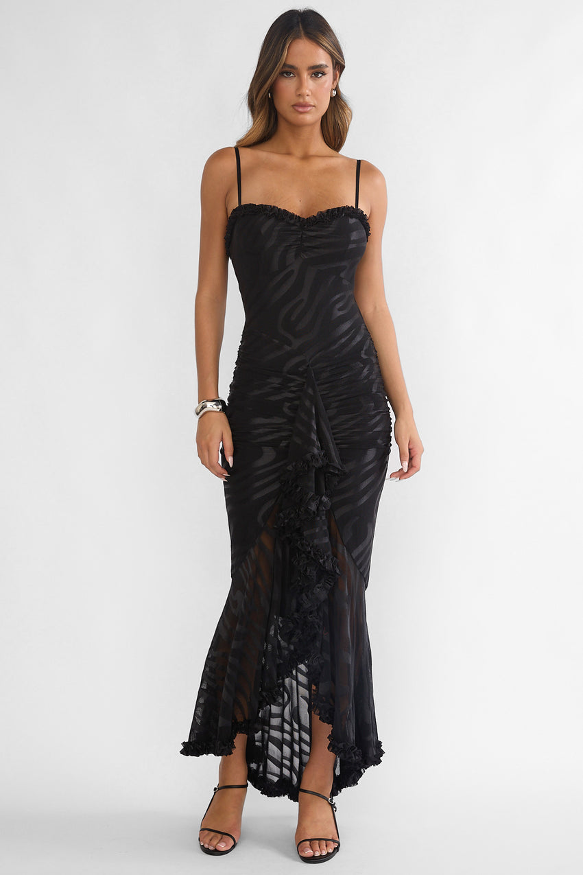 Everine Ruched Frill Trim Maxi Dress Black