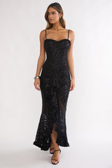 Everine Ruched Frill Trim Maxi Dress Black