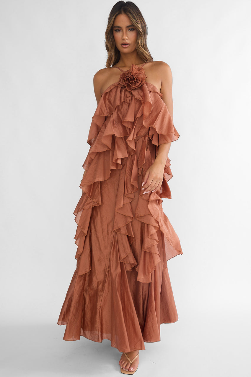 Secret Rendezvous Layered Ruffle Maxi Dress Rust