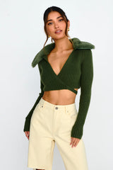 Hollyoak Fur Collar Knit Crop Top Dark Olive