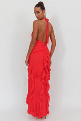Libre Plunging Halter Ruffle Maxi Dress Red