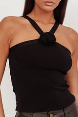 Anora Ribbed Rose Top Black