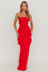Just Friends Strapless Ruffle Maxi Dress Red