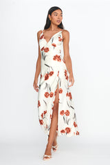 Corinna Tied Waist Split Dress Floral Poppy