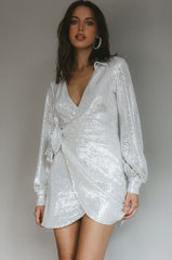 Ruma Faux Wrap Shirt Dress Sequin Silver
