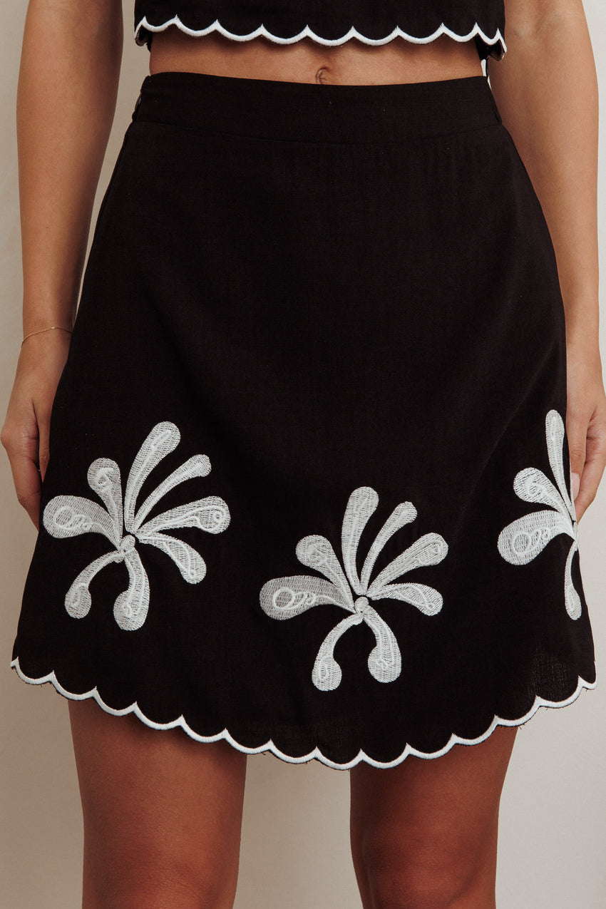 Carsyn Flower Embroidery A-Line Mini Skirt Black