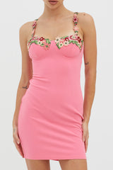 Rose Garden Floral Applique Bodycon Mini Dress Hot Pink