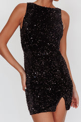 Bedazzle Opened Back Sequin Mini Dress Black