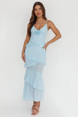 Marlie Frill Trim Rosette Maxi Dress Blue