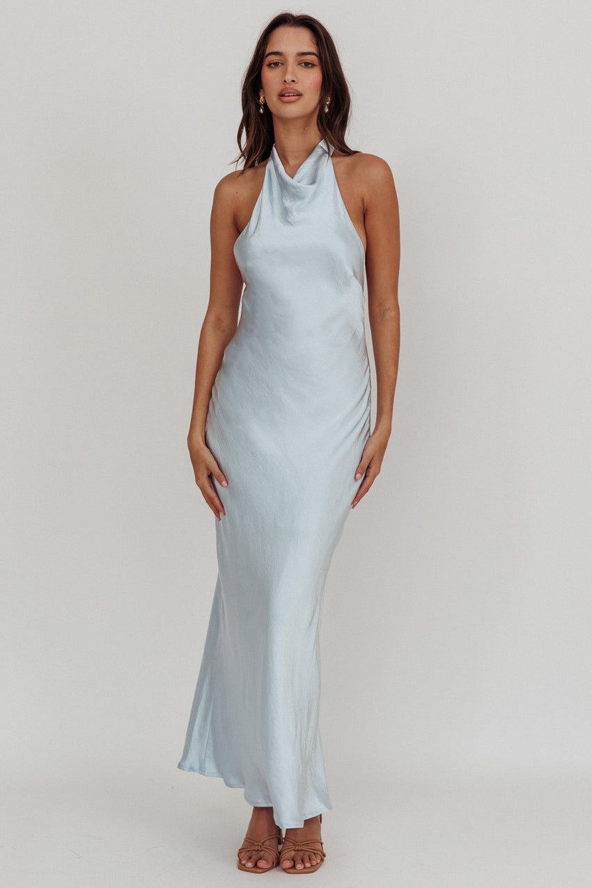 Sweetest Sundays Halterneck Open Back Dress Soft Blue