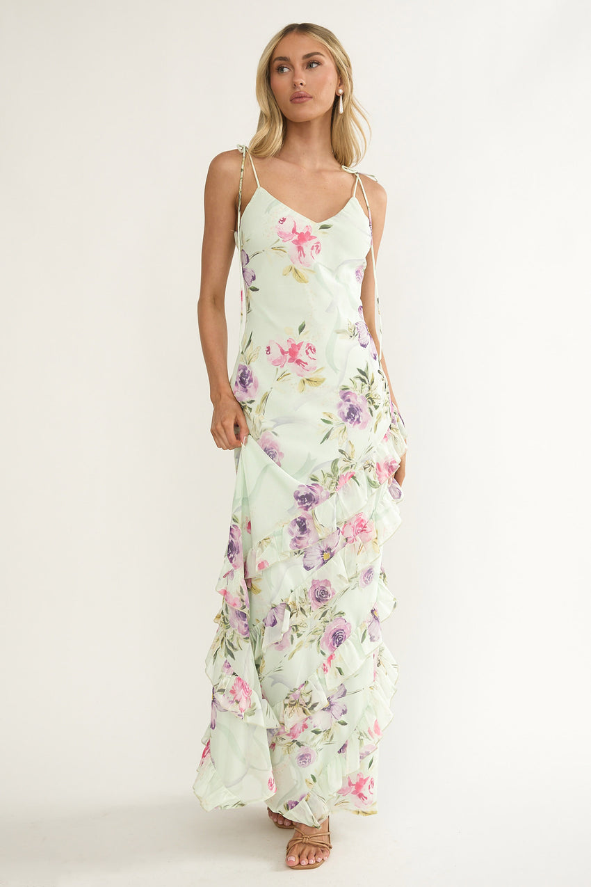 Dreamy Day Ruffle Trim Maxi Dress Mint Floral