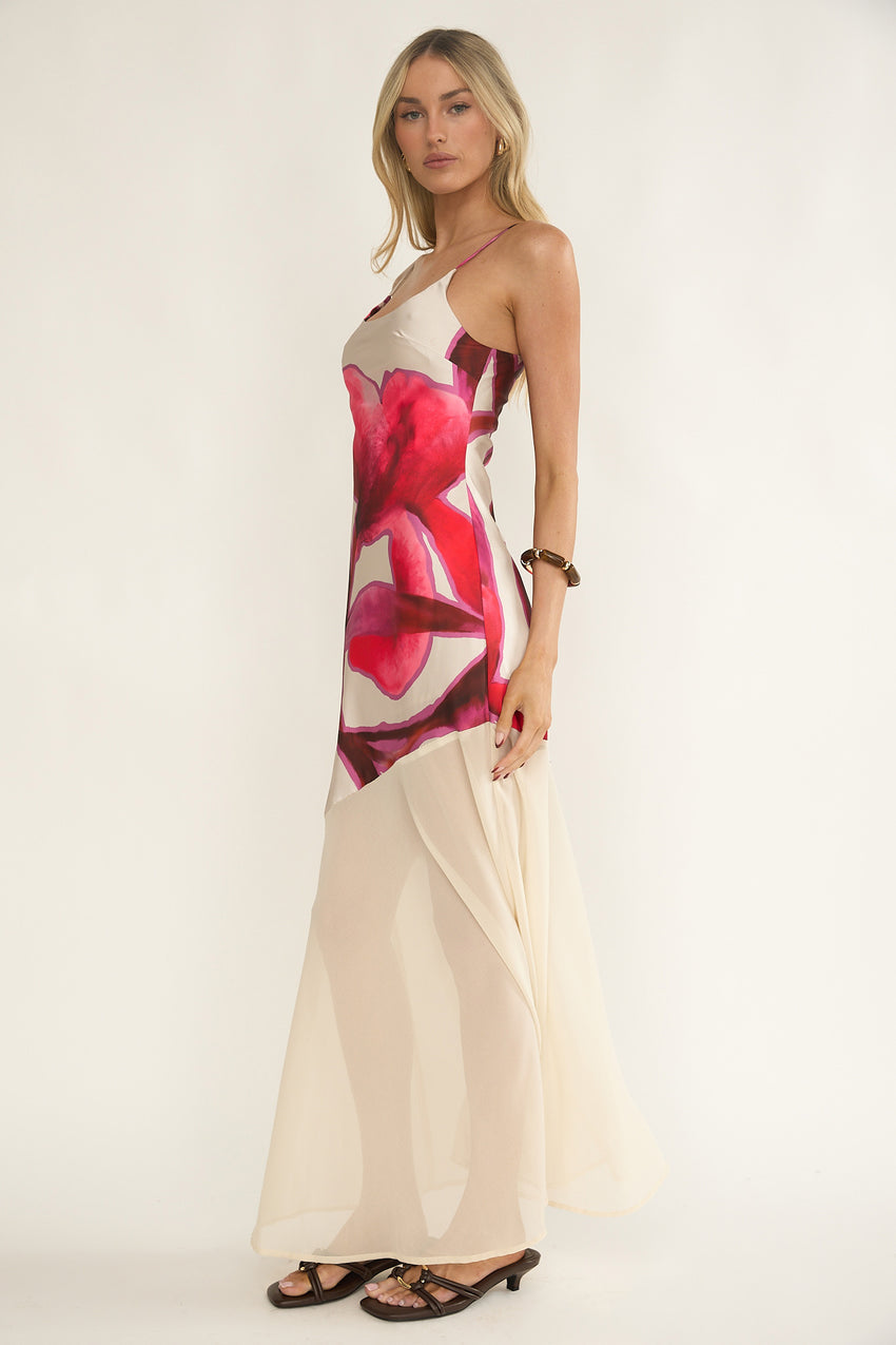 Gilded Dream Chiffon Hem Maxi Dress Print Beige