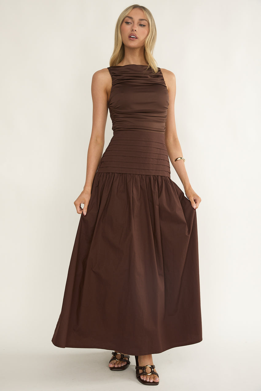 Dalayla Sleeveless Pintuck Maxi Dress Chocolate
