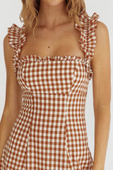 Warrior Sun Frill Strap Maxi Dress Tan Check