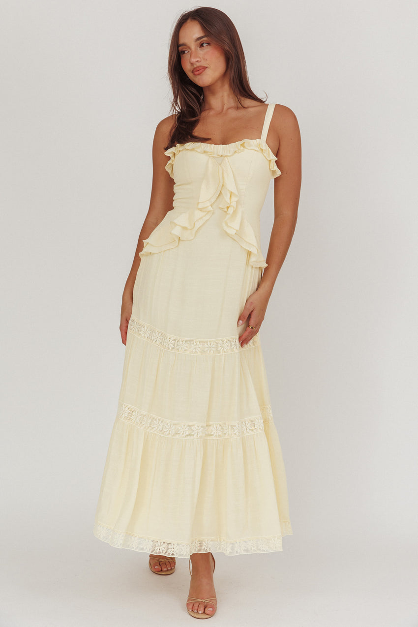 Vienna Sky Frill And Crochet Trim Maxi Dress Cream