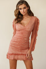 Tamara Ruched Long Sleeve Lace Mesh Dress Rose